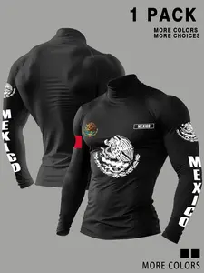 Men's High-Neck Compression Shirt, Mexico-Inspired Eagle & Flag Graphics, Long Sleeve, Moisture-Wicking, Ideal for Workout & Sports, Athletic Compression Shirts