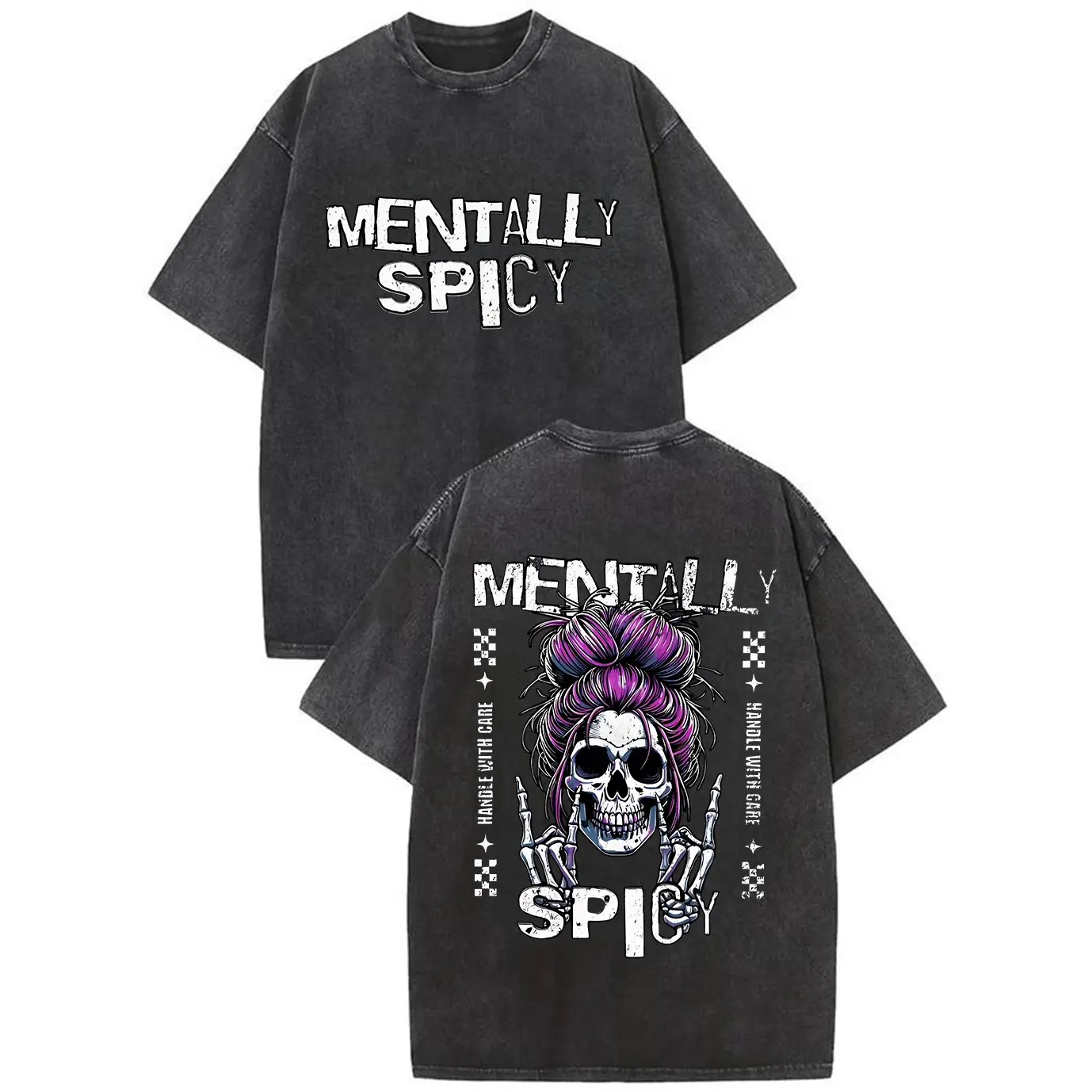 Women's Spooky Goth Graphic Hoodie - Long-Sleeve Pullover Tops for Women's Clothing, Featuring Full-Color Sassy Skeleton with Purple Messy Bun, Gothic Sweatshirts, Full Color Hoodie, Hooded Neck, Vintage, Pullover Hoodie, Full Graphic