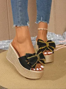 Women's Summer Casual Shoes, Thick Sole High Heel Bowknot Design, Plain Textile Upper & Rubber Sole, All-Season Medium Width