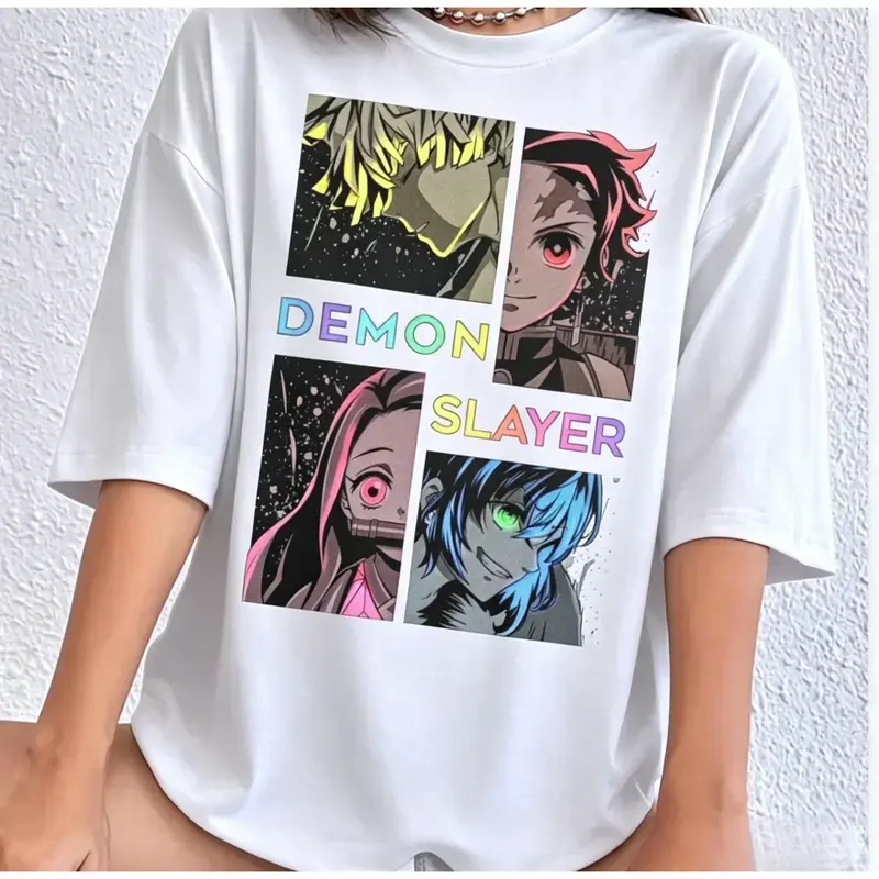 Demon Slayer Colorful Graphic T-Shirt, Trendy Anime Street Style with Kawaii DS Art Manga Panel, Breathable Cotton Short Sleeve Unisex Cut Crewneck, Colorful Graphic Holds Style, Unisex Cut Makes Gifting Simple, Graphic Print