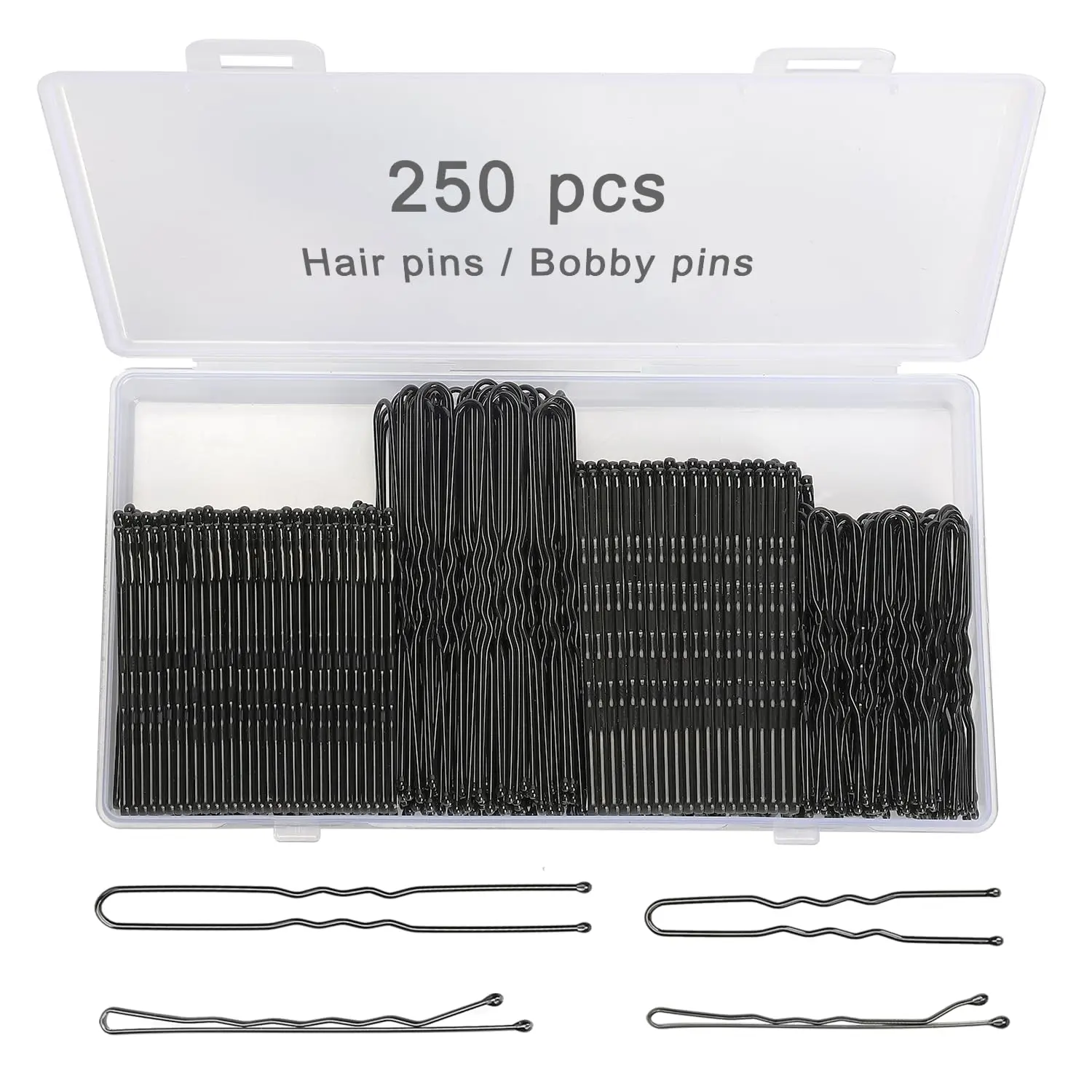 250 count Hair Pins Bobby Pins Black with Storage Box, Wavy Bobby Pins 2inch 2.4inch, U Shaped Hair Pins 2inch 2.8inch, Suitable for All Hair Types, Hair Clips Hair Pin for Women and Girls