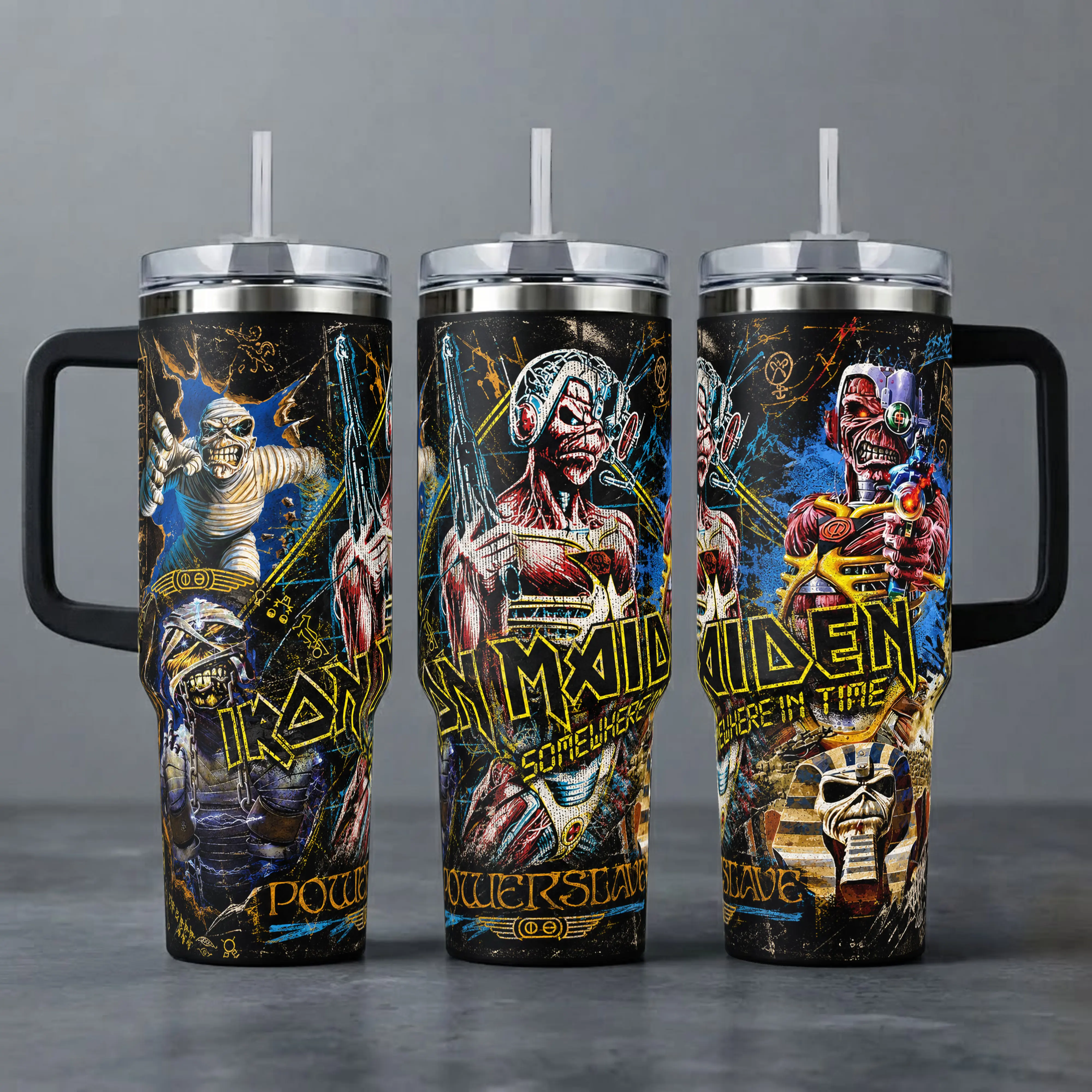 Iron Maiden Eddie Tumbler, 20oz & 40oz Insulated Travel Mug with Handle & Straw, Powerslave & Somewhere in Time Heavy Metal Art Cup, Rock Band Fan Merchandise
