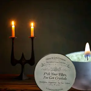 Glitter & Goth Creations Unholy Coven Collection F*ck Your Vibes I've Got Crystals 8oz Hand-Poured Ritual Candle with Eucalyptus Peppermint Tea Tree Lemon Scent for Release Closure Healing - Decor