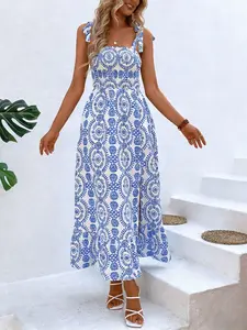 A women's fashionable Bohemian printed spaghetti strap sleeveless slit maxi dress, suitable for summer, vacations, dates, gatherings, and daily casual wear, Boho Summer Dresses