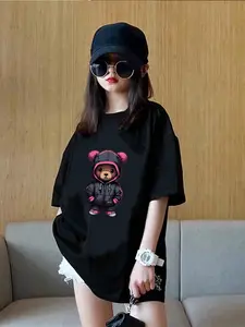 Tween Girls Casual Round Neck Bear Print Short Sleeve T-Shirt, Suitable For 4-13 Years Old Funny Graphic Tees Cute Graphic Tee