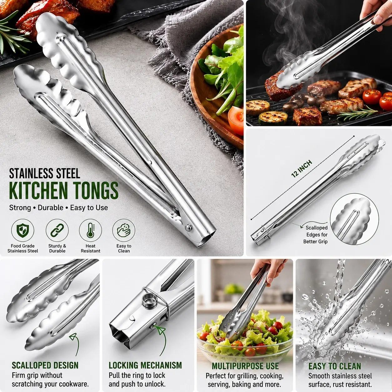 12 Inches heavy duty stainless steel good to use as BBQ tong, Salad tong, Cooking Tongvand buffet tong