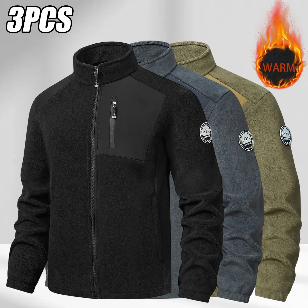 JOGWAVE Men's 3-Pack Plain Fleece-Lined Zip-Up Athletic Jackets - Polyester, Mock Neck, Black+Gray+Khaki, Warm Winter Outerwear, Casual, Machine Washable, Everyday Wear, Jackets Zip Up