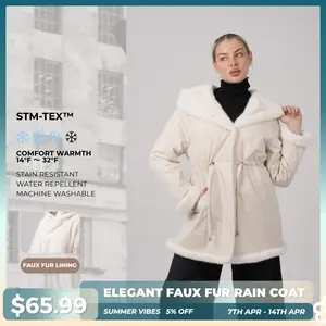 PUFFIT STM-TEX Faux Fur Lining Mid Length Rain Coat,Adjustable Waist Design,Oversized Eco-Friendly Fleece Hood,Offering Warmth, Comfort, And An Elegant, Premium Feel,Beauty And Warmth For Both Style