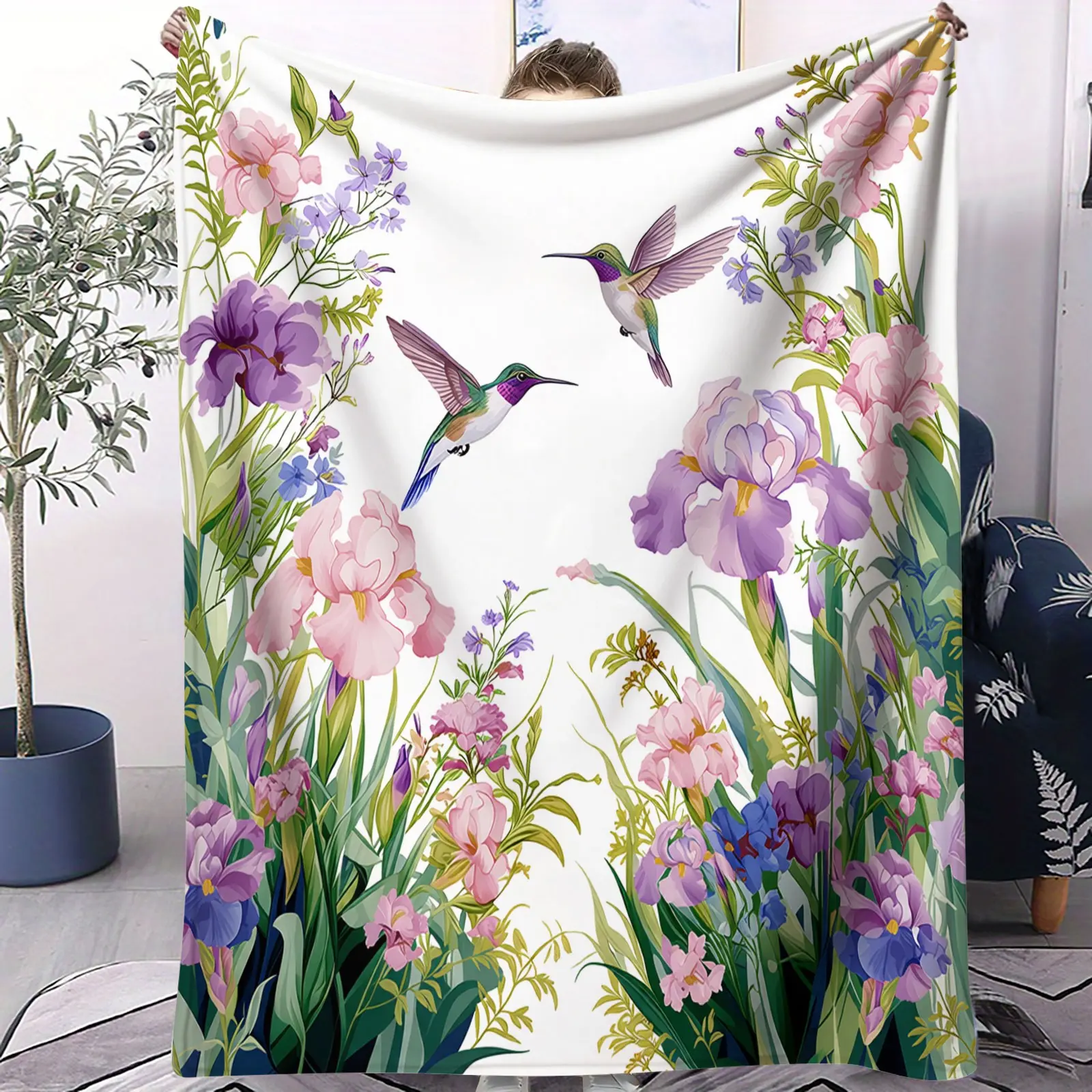 Spring Flowers Throw Blanket, Lightweight Plush Blankets, Vintage Watercolor Colorful Floral Leaf Plant Birds Super Soft Fuzzy Flannel Throw Blankets Warm Cozy Bed Blanket for Couch Sofa