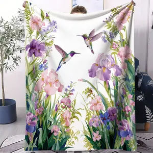 Spring Flowers Throw Blanket, Lightweight Plush Blankets, Vintage Watercolor Colorful Floral Leaf Plant Birds Super Soft Fuzzy Flannel Throw Blankets Warm Cozy Bed Blanket for Couch Sofa