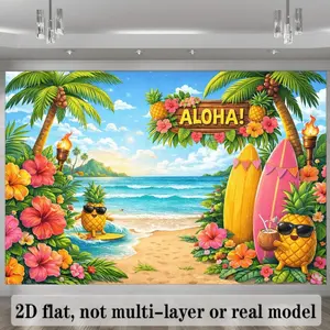 2D flat banner, 1 polyester Hawaiian Aloha theme banner, pineapple surfboard coconut tree design, summer theme pool party decoration background cloth, suitable for indoor and outdoor use, multiple sizes available, suitable for tropical beach party layout,