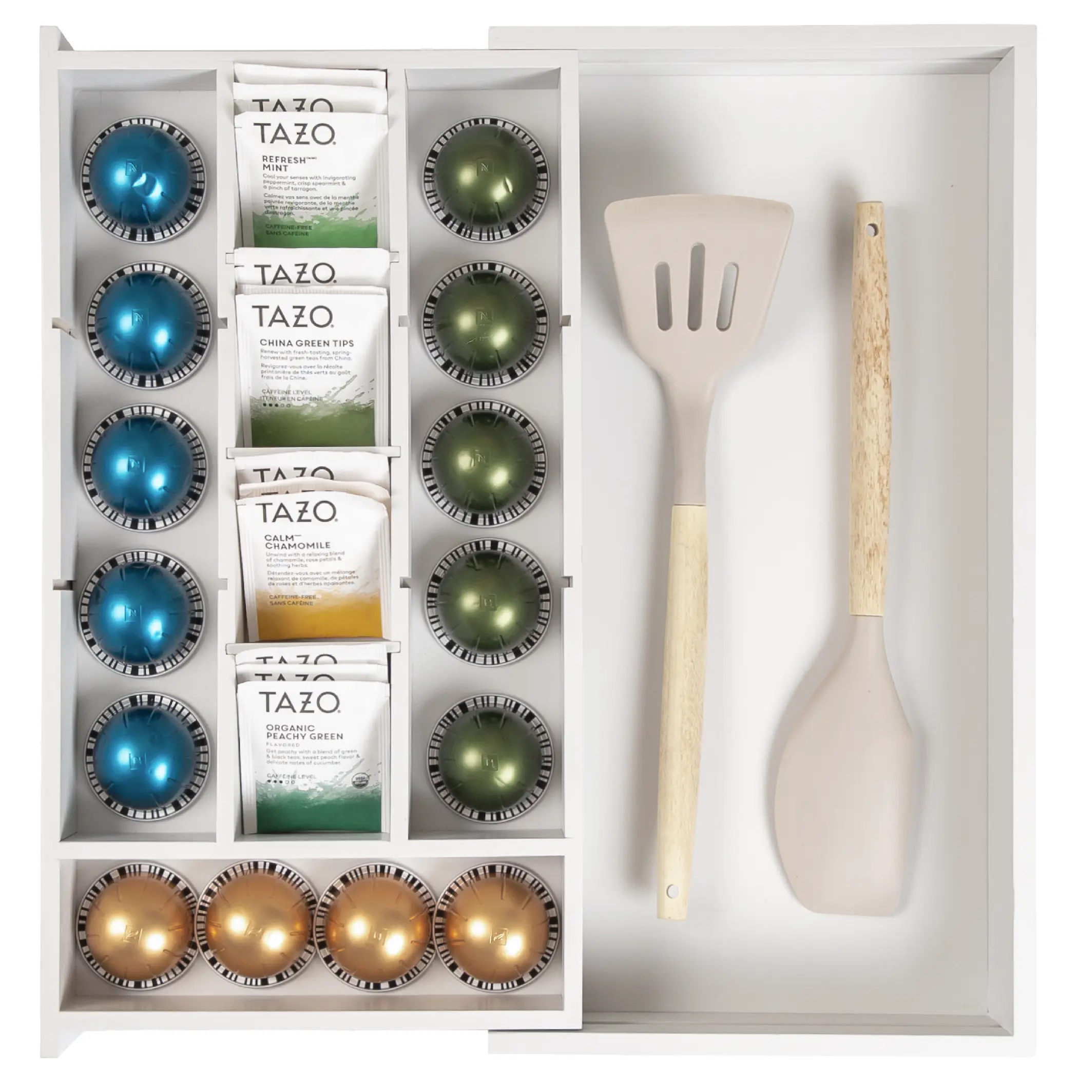 Bamboo Tea Bag and Coffee Pod Kitchen Drawer Organizer, Expandable 9.7 to 17 Inches, 10 Storage Compartments, Food-Safe White Finish, Non-Slip Feet