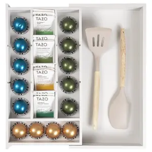 Bamboo Tea Bag and Coffee Pod Kitchen Drawer Organizer, Expandable 9.7 to 17 Inches, 10 Storage Compartments, Food-Safe White Finish, Non-Slip Feet