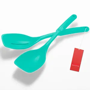 2 Pack Large Silicone Cooking Spoons Set  Non-stick Slotted/solid Spoon With Deep Bolw& Measurement Mark For Mixing Serving Draining Scooping Scraping Heat Resistant Kitchen Utensils Teal