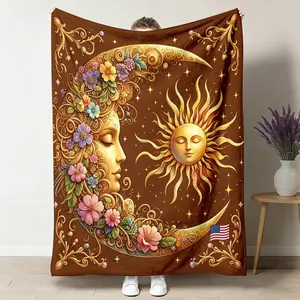 Sun Moon Throw Blanket, Celestial Boho Flannel Blanket with Vintage Gold Floral, Soft Cozy Warm Throw, Mystical Astrology Decor for Bedroom Living Room, Aesthetic Gift for Her Witchy Moon Lover, Retro Tapestry Style Cover, USA Flag Americana