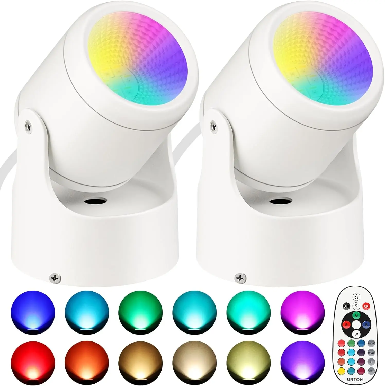 2-Pack Plug-In RGBW Aluminum Indoor Uplights with Adjustable Rings, 6W Remote Control LED Accent Spot Lights, 4 Dynamic Modes, 200° Angle, 16 Static Colors, 3 Brightness Levels, 5.9FT Cord, US 2-Plug, Wall/Ceiling Mountable for Home Party Plant Decor