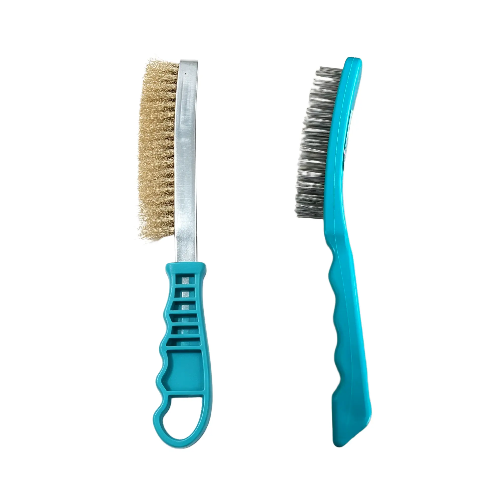 2 Pack Wire Brush Set, Brass Wire Brush & Stainless Steel Wire Scratch Brush, Curved & Straight Handle Metal Rust Remover Cleaner with Non-Slip Grip for Auto Repair, Welding, Home Cleaning, Metal Polishing