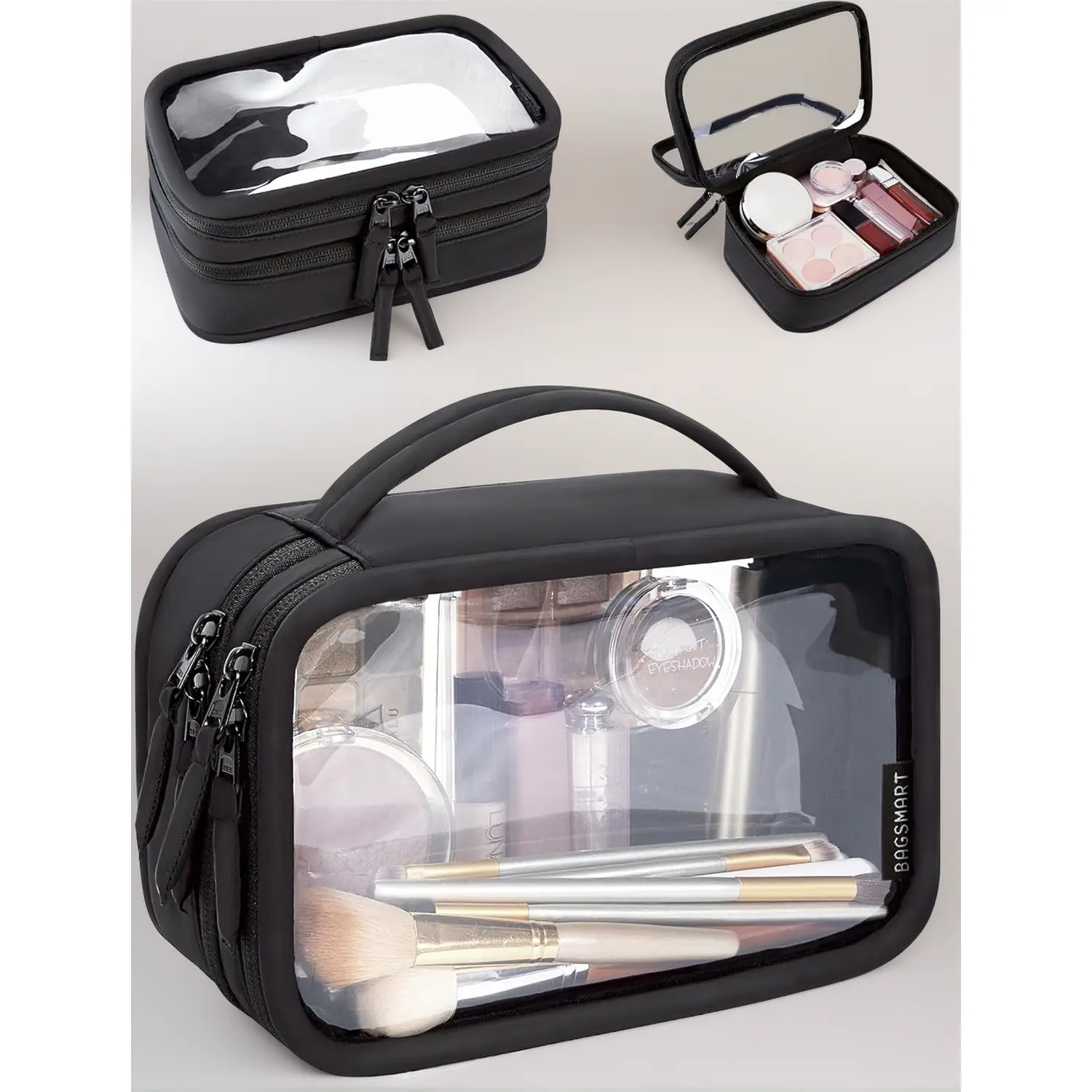 TSA-Approved Clear Toiletry Bag – Large Opening, Quart Size, Carry-On Compliant, with Handle – Travel Makeup & Toiletry Organizer for Men & Women (Black)