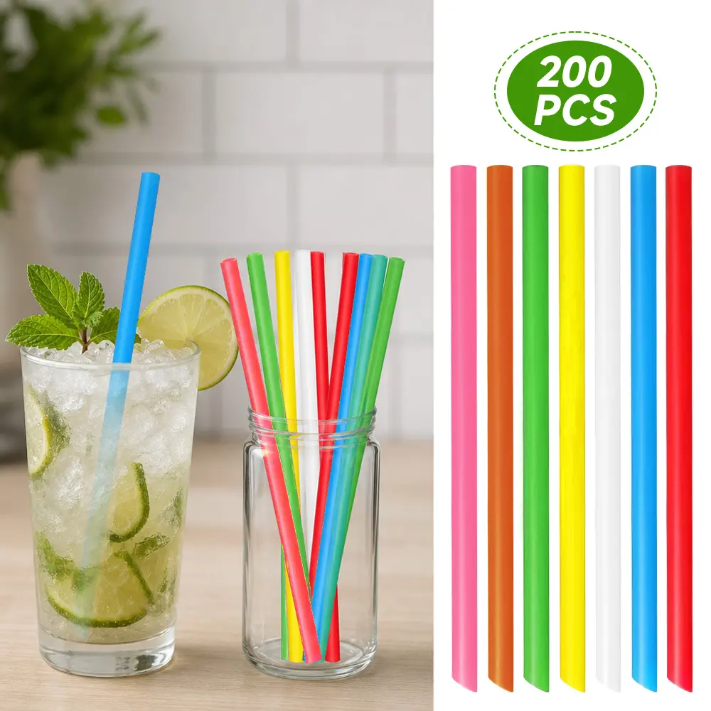 200 piece Disposable Drinking Straws Smoothie Straws Colorful Disposable Plastic Large Wide-mouthed Straw