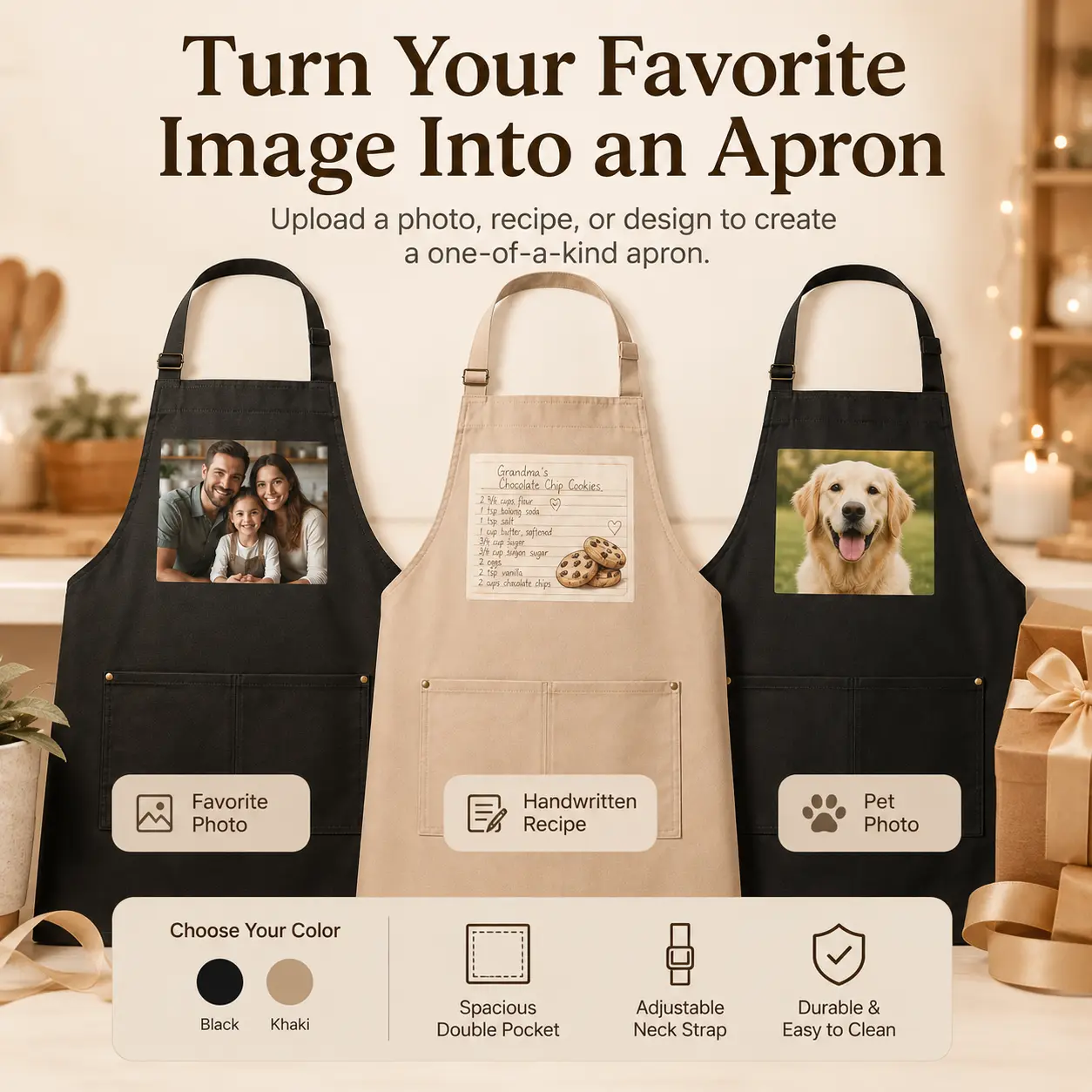 Personalized Apron with Photo or Recipe, Custom Kitchen Apron with Pockets for Cooking, Baking, BBQ, Mom Dad Grandma Gift