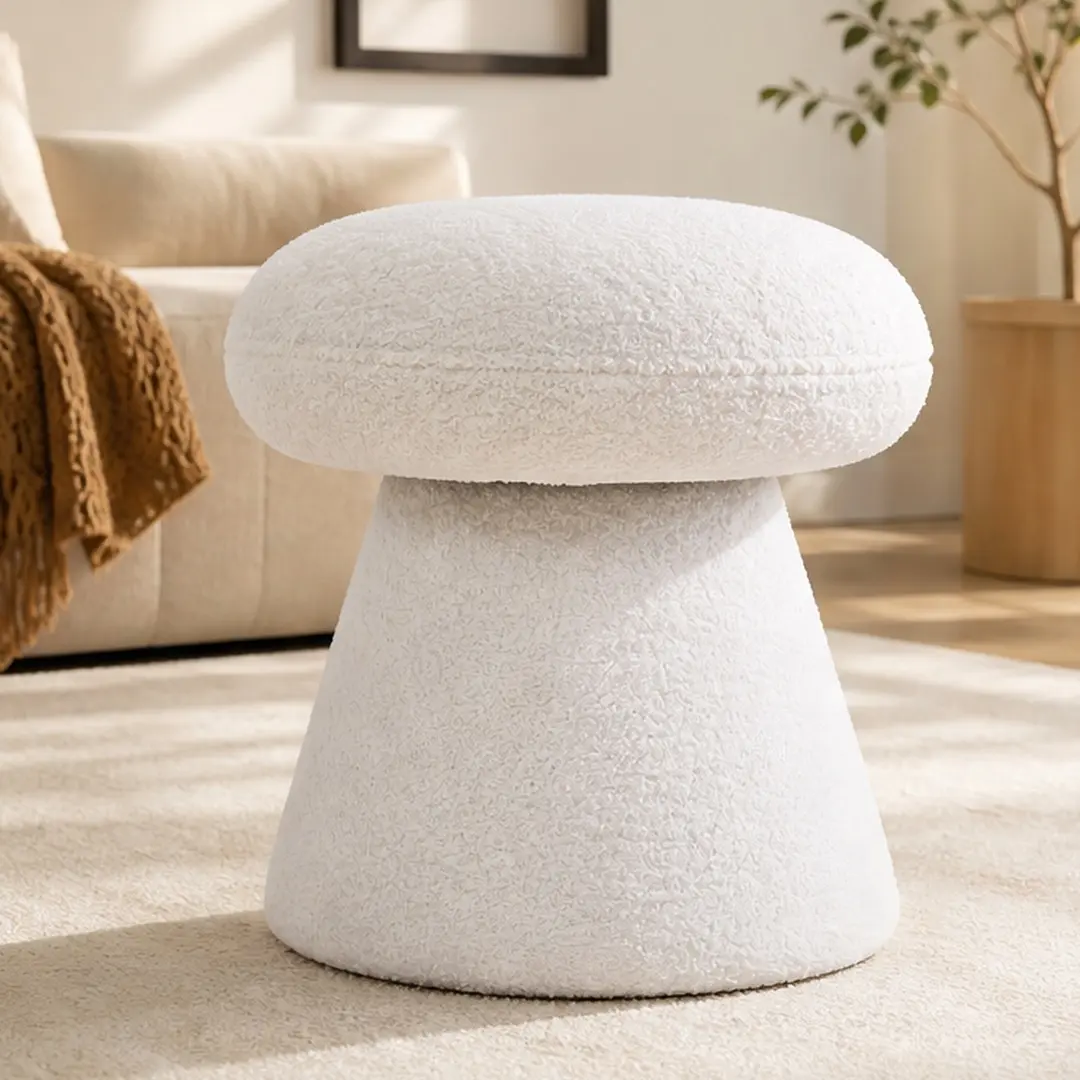ARCH Teddy Fabric Soft Padded Footstool Ottoman Mushroom Shape Shoe Changing Stool Makeup Stool No Assembly Needed 360° Rotation Round 16.14x16.14x17.32in White for Bedroom Living Room Powder Room Entrance, Foam/Green/Pink/Teddy Color Options