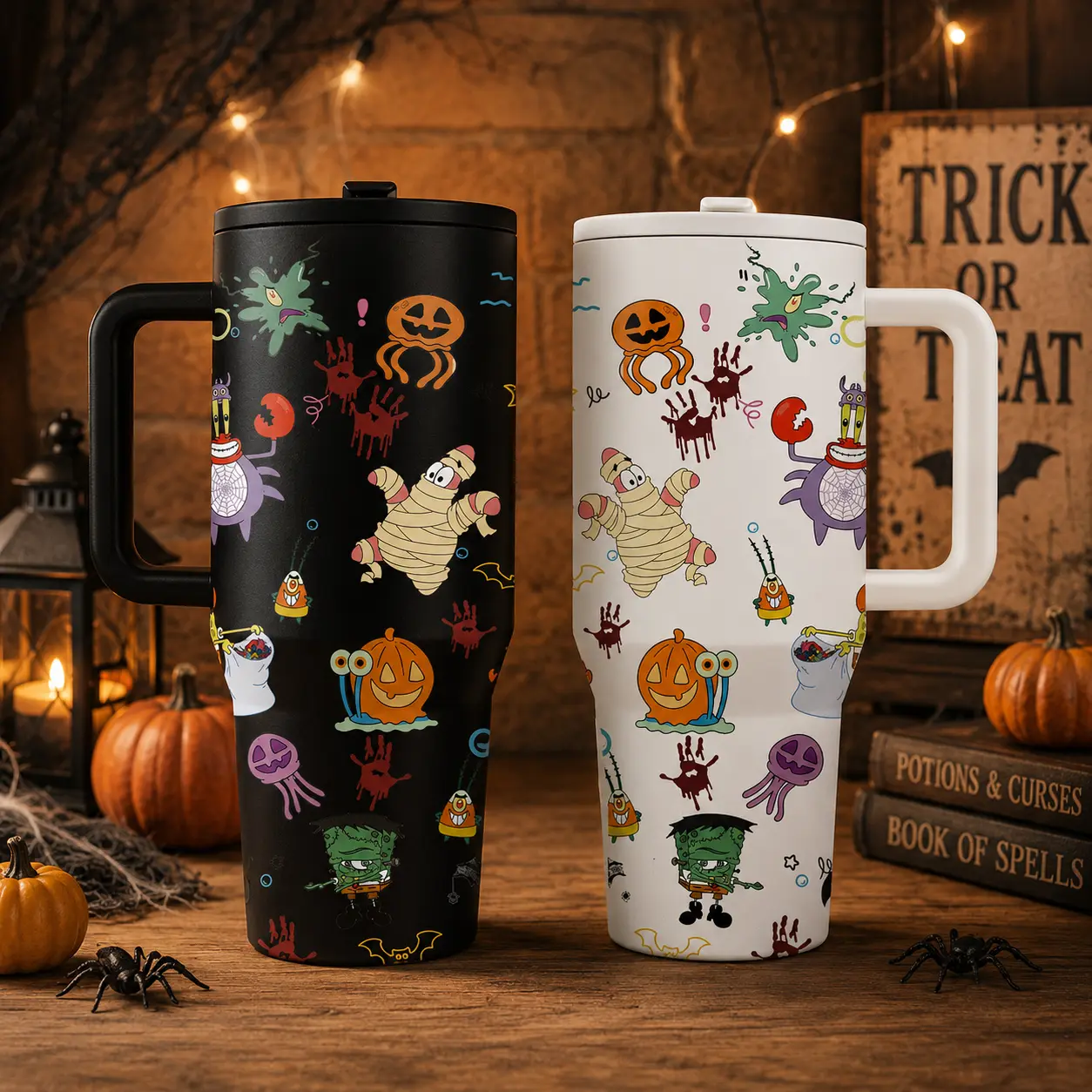 40oz Halloween Tumbler with Handle, Cute Spooky Cartoon Pumpkin Printed Insulated Coffee Cup, Stainless Steel Travel Mug with Lid, Double Wall Vacuum Water Bottle, Leakproof Reusable Cup for Fall Party, Halloween Gift for Friends Family
