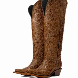WD Nancy Tall Wide Calf Snip Toe Cowgirl Boot Honey Handcrafted Premium Full Grain Leather Upper Leather Lining 17 Inch Shaft Height 1.75 Inch Heel Height Women's Footwear