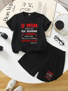 If Mom Says No, Ask Grandma - Embroidered Children's Love Letter To Grandma Set, Summer New Style Boys' And Girls' Short-Sleeved T-Shirts + Shorts 2-Piece Set, Chic, Comfortable, Casual, Fashionable, Daily Versatile #Father's Day #Mother's Day #Gift #520