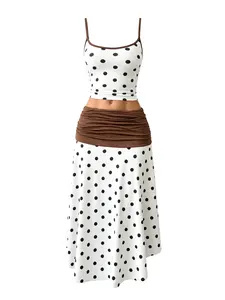Polka Dot Halter Top + Patchwork Skirt Set, Milk Silk Fabric, Elegant Fashion, Casual Vacation, Date Night, Party