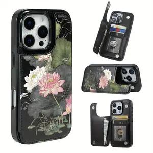 Mobile phone case: Lotus theme function protective case, built-in card clip design, can store bank cards, transportation cards and other cards, suitable for iPhone 16 Pro Max, iPhone 17/Air/16/15/14/13/12 Pro/11/XS Plus Max, and Samsung S22/S23/S24/S2