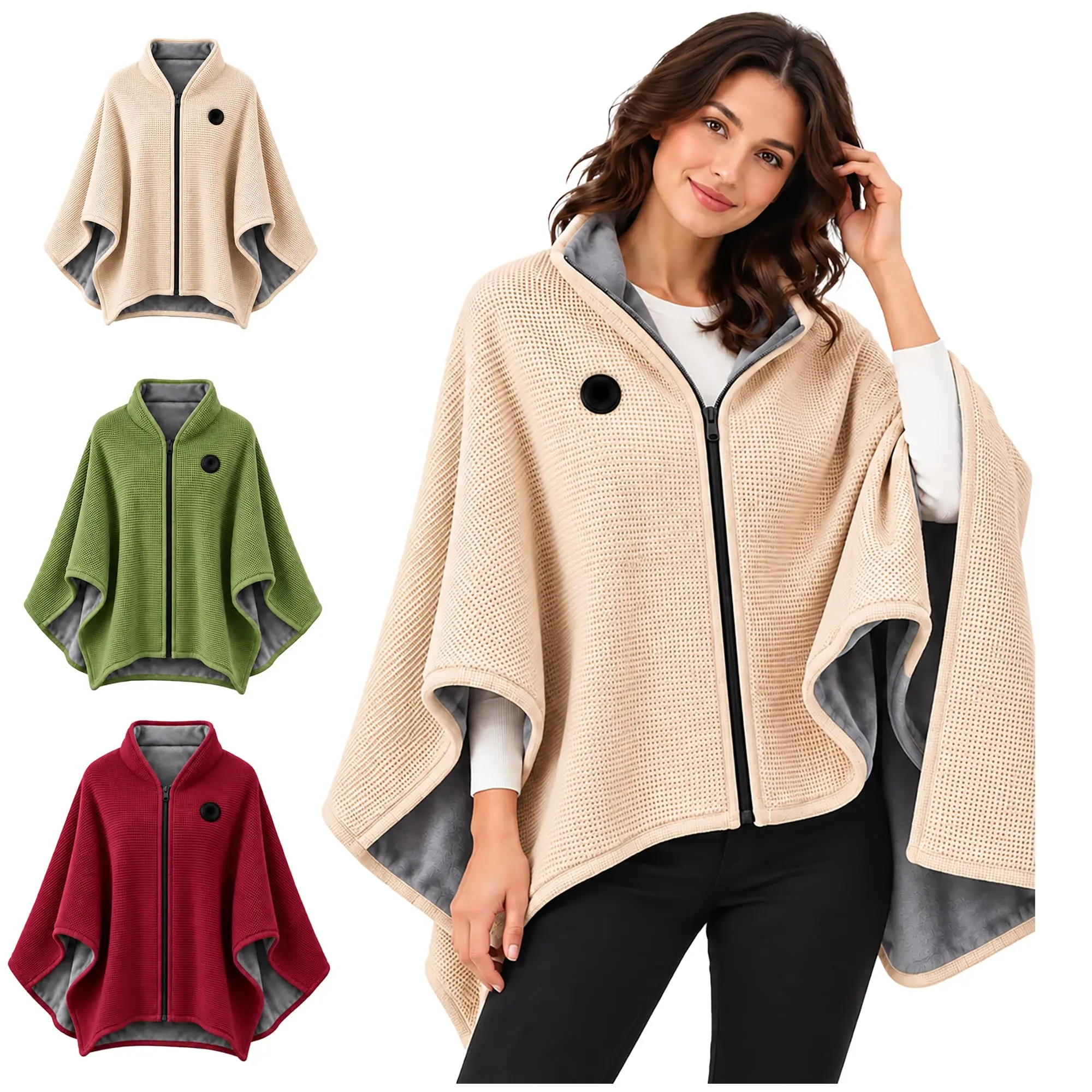 Heated Shawl Wraps for Women, 2027 New USB Wearable Blanket Shawl with Zipper, 3 Heat Settings, Soft Fleece Lining, Washable Heated Poncho for Home, Travel and Winter Gift