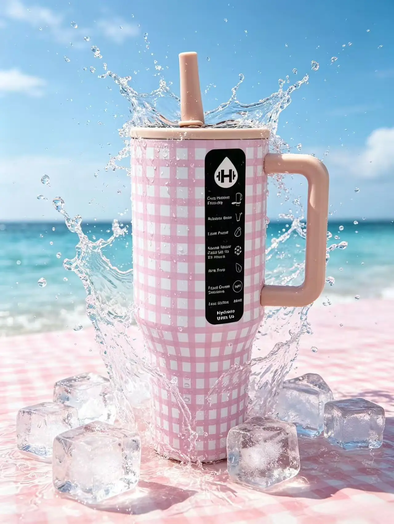 HydroJug 40oz  Pastel Pink Gingham 40oz Tumbler With Blush Handle, Leak Proof Stainless Steel Mug Perfect for Beach & Summer Girls Trips