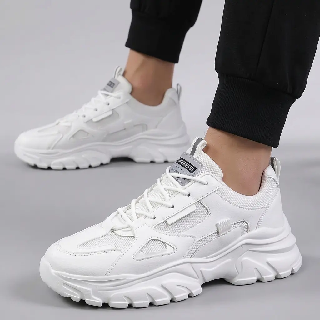 Men's Low-Top Round-Toe Dad Shoes Style Casual Trainers, Wide-Toe Breathable Mesh Lace-Up Casual Wear Sneakers, Height-Increasing Platform Thick Sole Non-Slip Shock-Absorbing All-Seasons Footwear