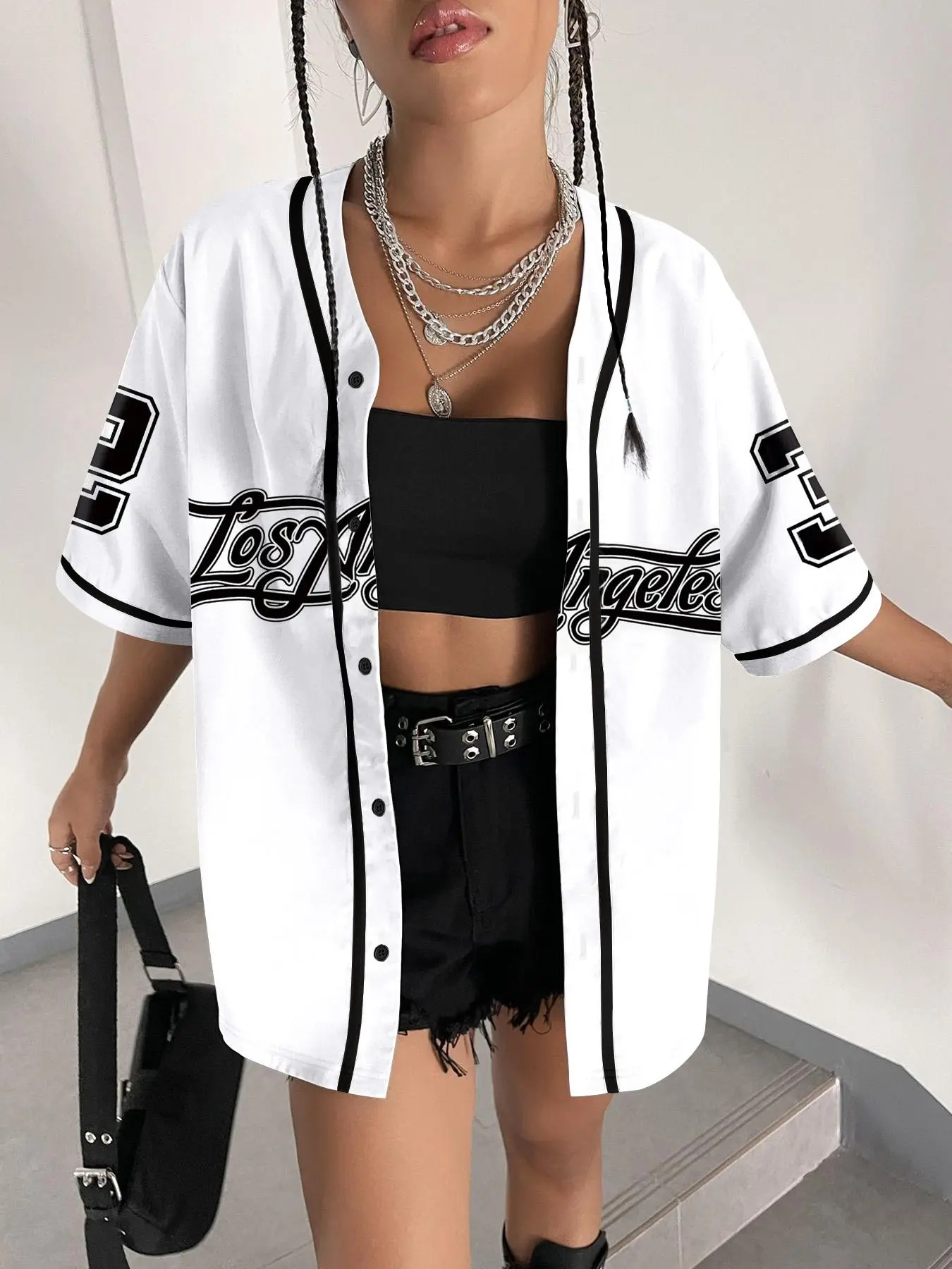 Women's Number Print Baseball Jersey, Casual Loose Letter Print Short Sleeve Button Design Jersey for Daily Wear, Ladies Clothes for All Seasons, Sports Tops, Sporty Sports Top, Sports Apparel