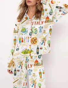 Italian Vacation Satin Pajama Set For Women Sleepwear Loungewear Comfortable