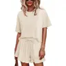 TANKANEO Women's Basic Casual 2-Piece Stretchy Nightwear Set - Short Sleeve Cropped Top, Drawstring Ruffled Shorts, Mix & Match Soft Pajamas & Loungewear