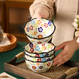 Round Ceramic Salad Bowls Set, Serving Bowls, Vintage Floral Design, Ideal for Soups & Noodles, Durable Kitchenware, Multiple Sizes Available
