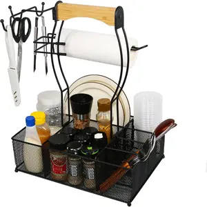 Grill Caddy,BBQ Caddy Mesh Basket with Paper Towel Holder,Utensil Condiment Picnic Caddy,Grill Baskets for Outdoor Grill and Camping,Barbecue Camping Accessories Storage Organizer