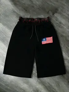 Trendy Streetwear Fleece Sweat Shorts with Double Layered Plaid Waistband, American Flag Graphic Print, Drawstring Closure, Side Pockets, Casual Athleisure for Gym, Lounge, Street Style, Y2K Aesthetic, Hoochie Daddy Shorts