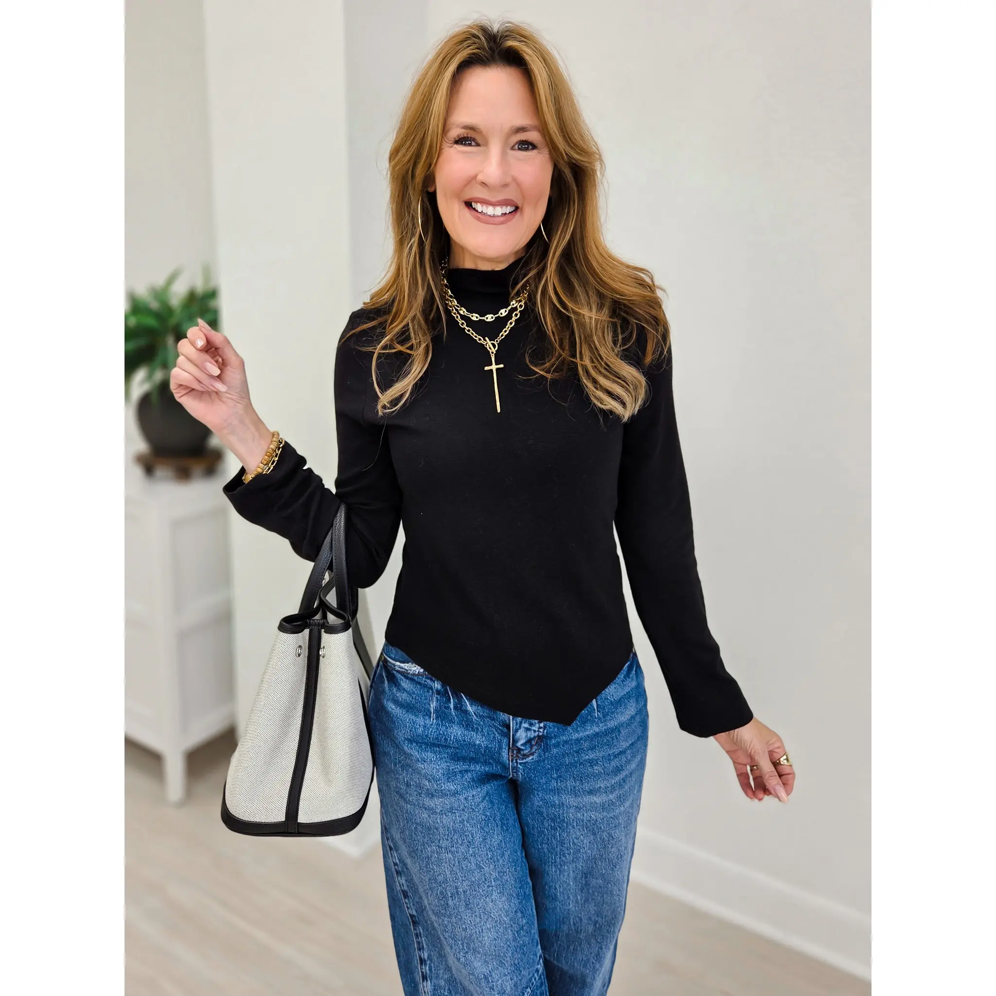 Mock Turtleneck Stretchable Fabric Long Sleeve Solid Top