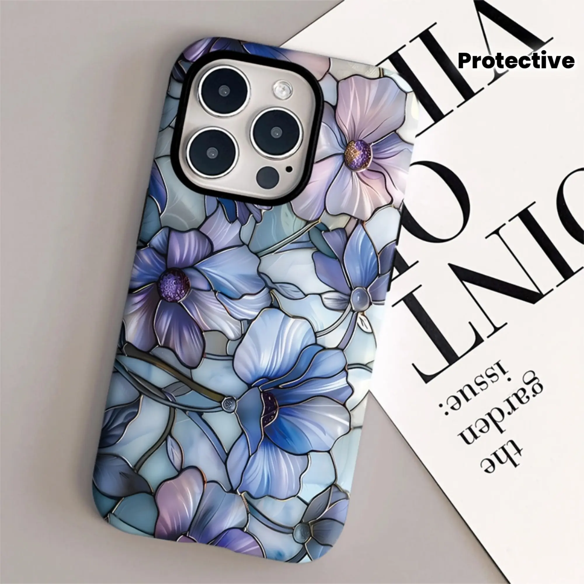 This dual-layer protective case features a beautifully designed blue-purple floral pattern on stained glass. It's a durable 2-in-1 case suitable for iPhone 17/16/15/14/13/12/11 Pro Max/Plus/Pro, and Galaxy S25/S24/S23 Ultra series. Ideal for couples.