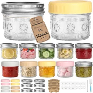 4oz Mason Jars 12 Pack, Sunflower Jars with Silver Separable Lids & Colorful Plastic Lids, Mini Canning Jars for Honey, Jam, Jelly, Wedding Favors, Kitchen Food Storage