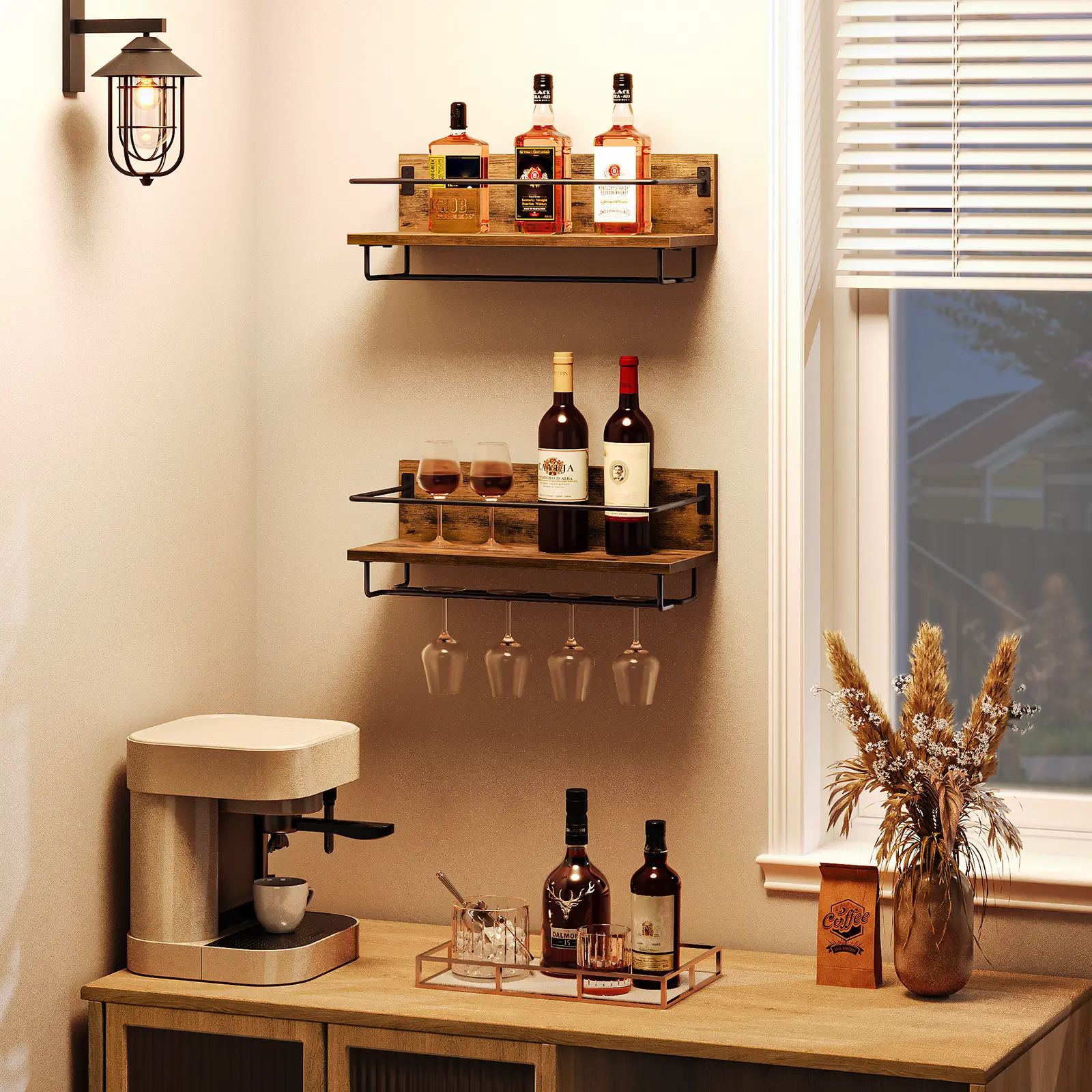 HOOBRO Wall Mounted Wine Rack 2 Pack, Wine Shelf Hanging Floating Wall Shelves, Wine Glass Bottle Rack Stemware Holder, for Living Room, Dining Room, Kitchen, Rustic Brown and Black