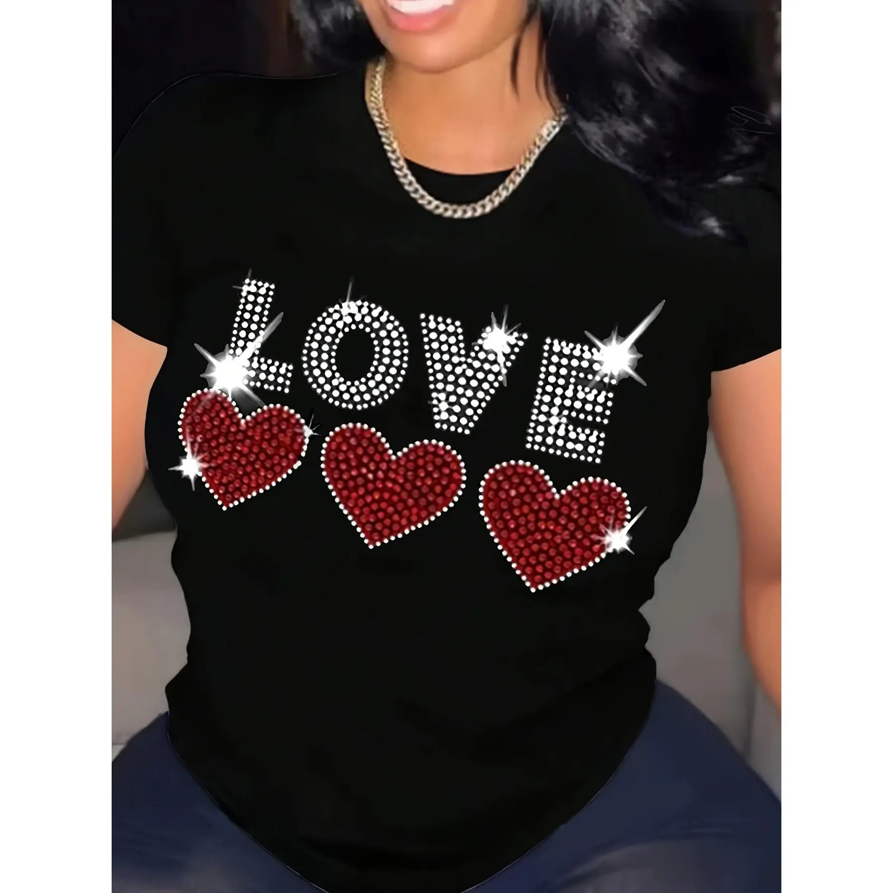 Women's 100% Cotton Smooth Short-Sleeve Graphic T-Shirt - Red Heart Printed LOVE Design, Summer Casual Round Neck Daily Trendy Top
