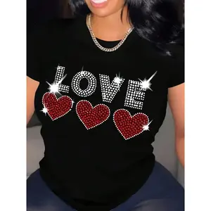 Women's 100% Cotton Smooth Short-Sleeve Graphic T-Shirt - Red Heart Printed LOVE Design, Summer Casual Round Neck Daily Trendy Top