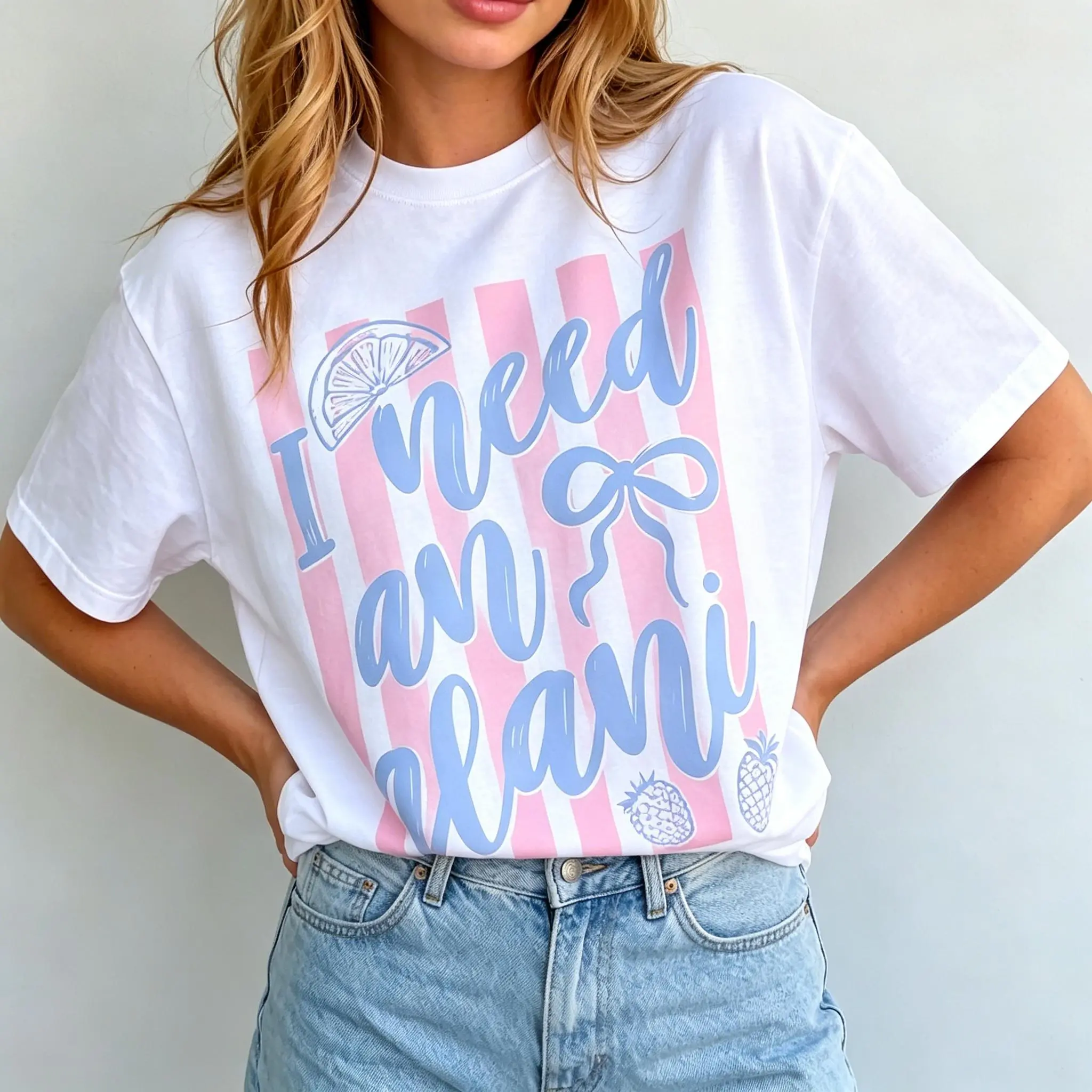 # SummerVibes Trendy "I Need An Alani" T-Shirt Energy Drink Vibe Top Alani Energy Lover Tee Pink & Blue Striped Casual Top