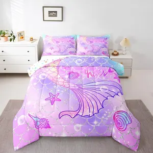 Mermaid Comforter Set,Rainbow Purple Mermaid Tail Printed Luxury Bedding Set,Cute Reversible Stars Super Soft Microfiber Comforter