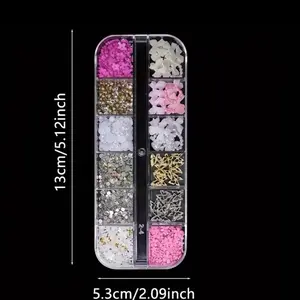 Name 12-Grid Nail Art Set with Flat Hypoallergenic Beads Acrylic Arrows & Heart Shapes for DIY Nail Art Colours Pink Gold White Purple Blue