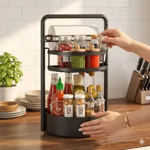 Rotating Spice Rack with Paper Towel Holder—A sturdy, two-tier wrought iron spice organizer for kitchen countertops featuring a 360-degree rotating design; stores spices, oils, and vinegars—helping you keep your kitchen neatly organized. Stand