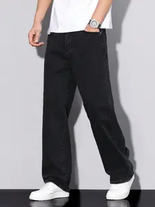 Men's Solid Color Plain Straight Leg Jeans, Regular Fit Casual Comfy Pocket Denim Pants for Daily Wear, Classic Woven Bottoms for All Seasons